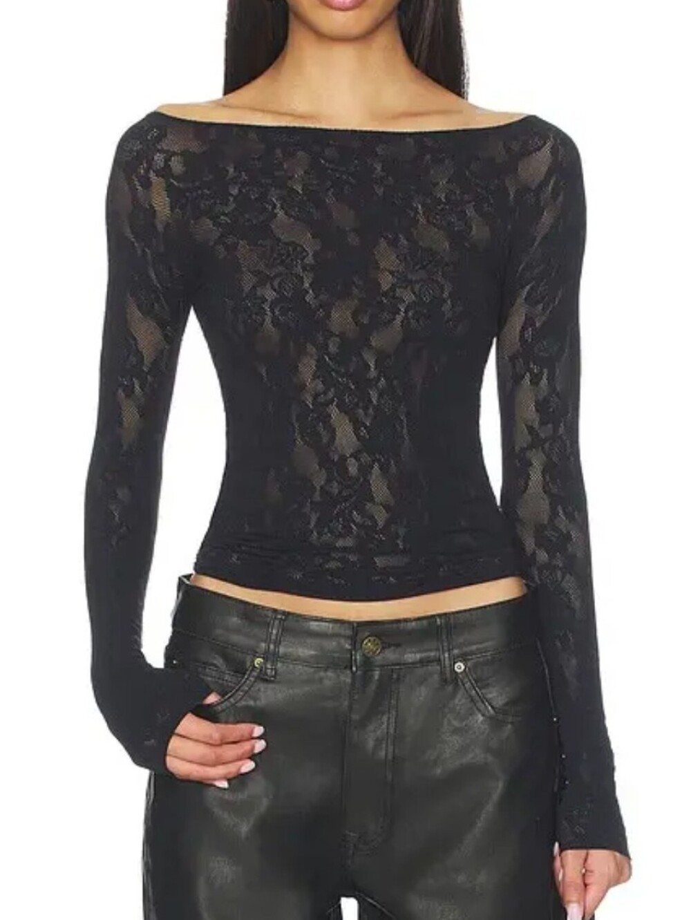 ◇Skims Knit Lace Long Sleeve Boat Neck Top LS-LST-10318W Obsidian Size S/M◇